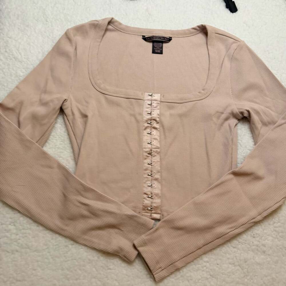 Victoria's Secret Long Sleeve Corset Top Size S/P Beige Ribbed